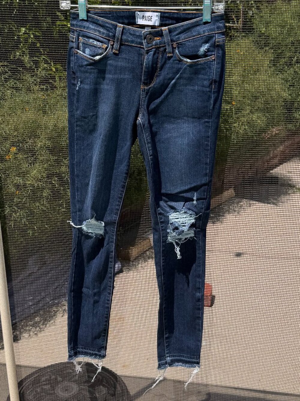 PAIGE Verdugo Skinny Distressed Blue Jeans with Raw Hems